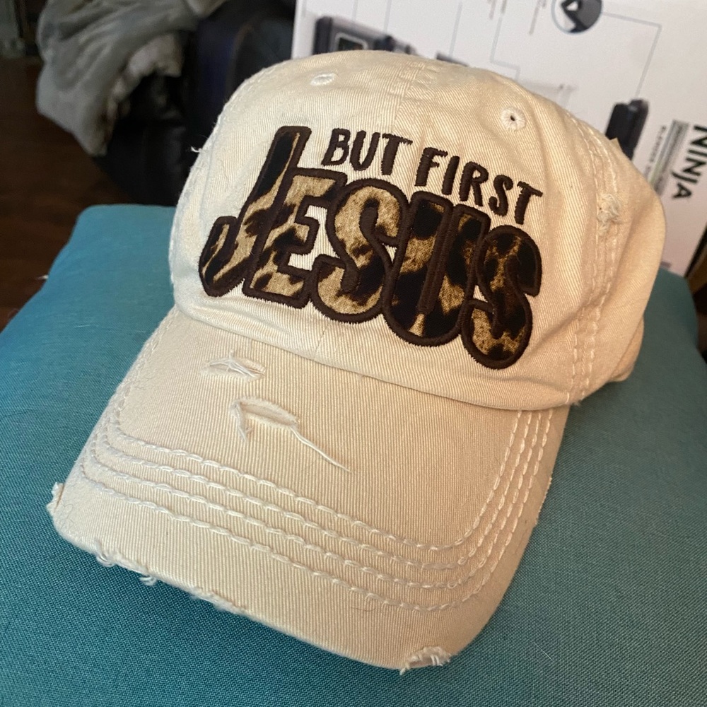 Distressed Hat with But First Jesus